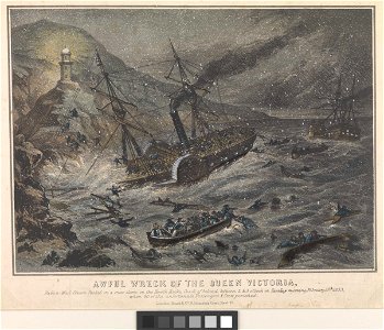 Awful wreck of the Queen Victoria Dublin Mail Steam Packet in a snow storm on the Howth Rocks, Coast of Ireland between 2 and 3 o'clock on Tuesday morning February 15th 1853 - RMG PY0207