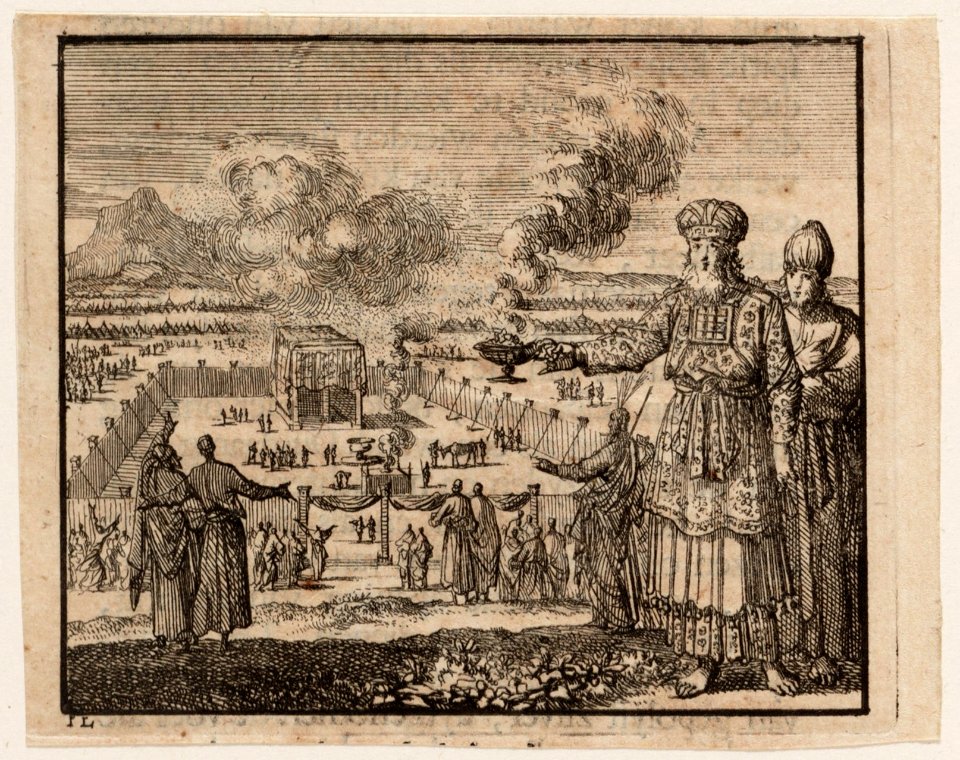 Aäron als hogepriester, met de tabernakel op de achtergrond, objectnr A 47810