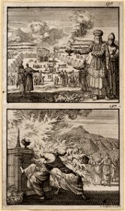 Aäron als hogepriester, met de tabernakel op de achtergrond, Nadab en Abihu voor het altaar door een hemels vuur gedood, objectnr A 48139