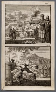 Aäron als hogepriester, met de tabernakel op de achtergrond, Nadab en Abihu voor het altaar door een hemels vuur gedood, objectnr A 48050