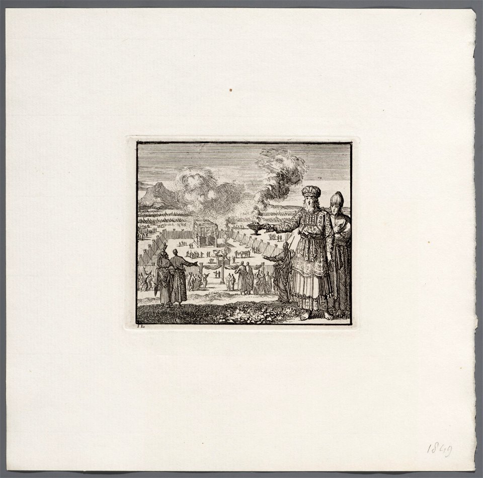 Aäron als hogepriester, met de tabernakel op de achtergrond, objectnr A 47986