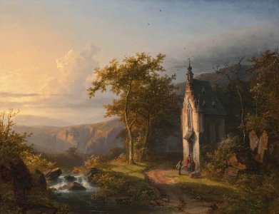 B.C. Schneiders van Greiffenswert - Landschap met beekje, pelgrims en kapel