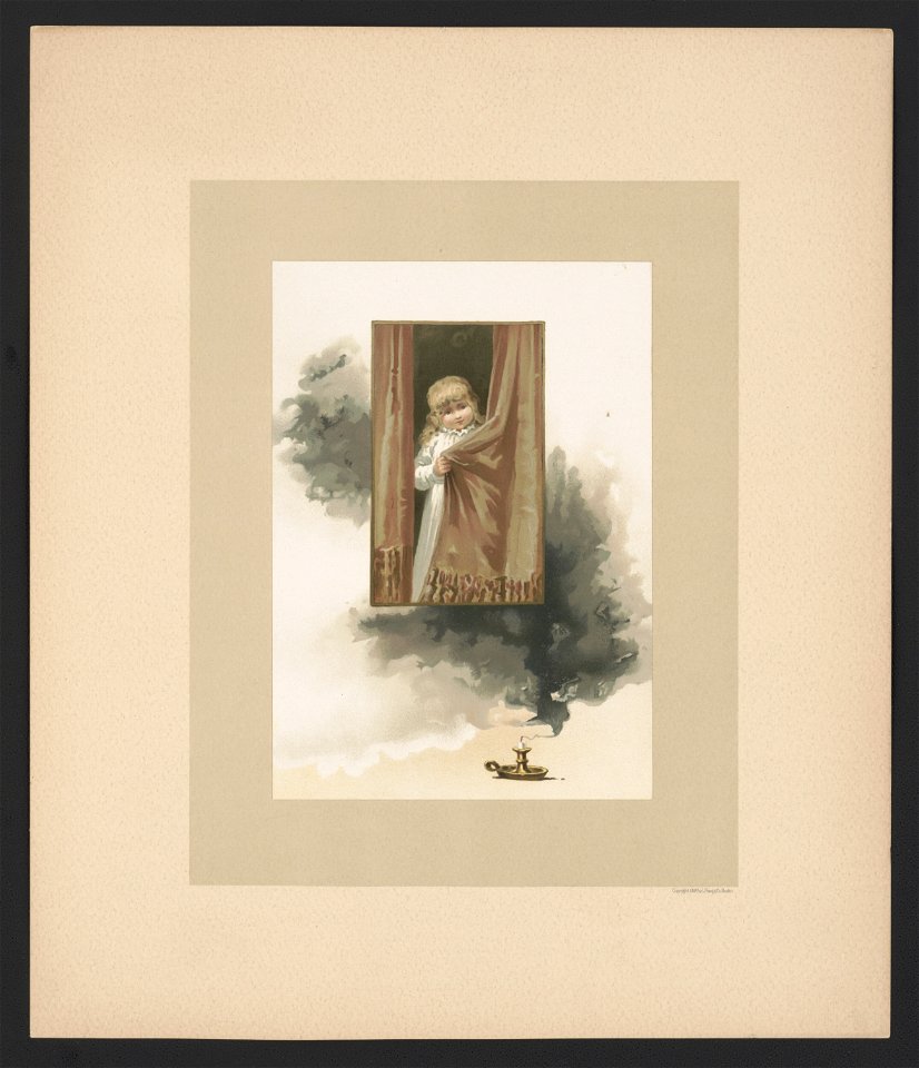 Baby-sleep - illustration for Baby's Lullaby Book ... by Charles Stuart Pratt showing a young girl pulling curtains closed; a candle in holder at bottom has been snuffed out LCCN2017650222