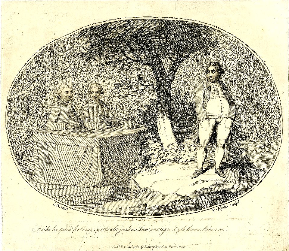 Aside he turn'd for envy, yet with jealous leer mailign, eyd them askance. (BM 1851,0901.106)