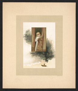 Baby-sleep - illustration for Baby's Lullaby Book ... by Charles Stuart Pratt showing a young girl pulling curtains closed; a candle in holder at bottom has been snuffed out LCCN2017650222