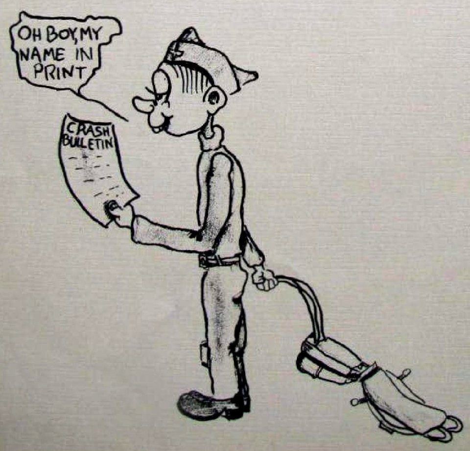 CRASH BULLETIN comic art detail, from- Majors Army Airfield - 43H Classbook (page 60 crop)