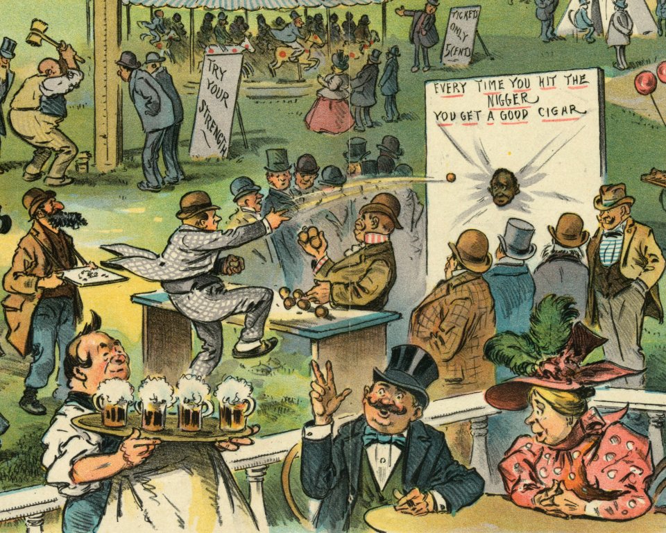 EVERY TIME YOU HIT TH NIGGER YOU GET A GOOD CIGAR racist 1897 art detail, From- A look ahead at Newport - J.S. Pughe. LCCN2012647624 (cropped)