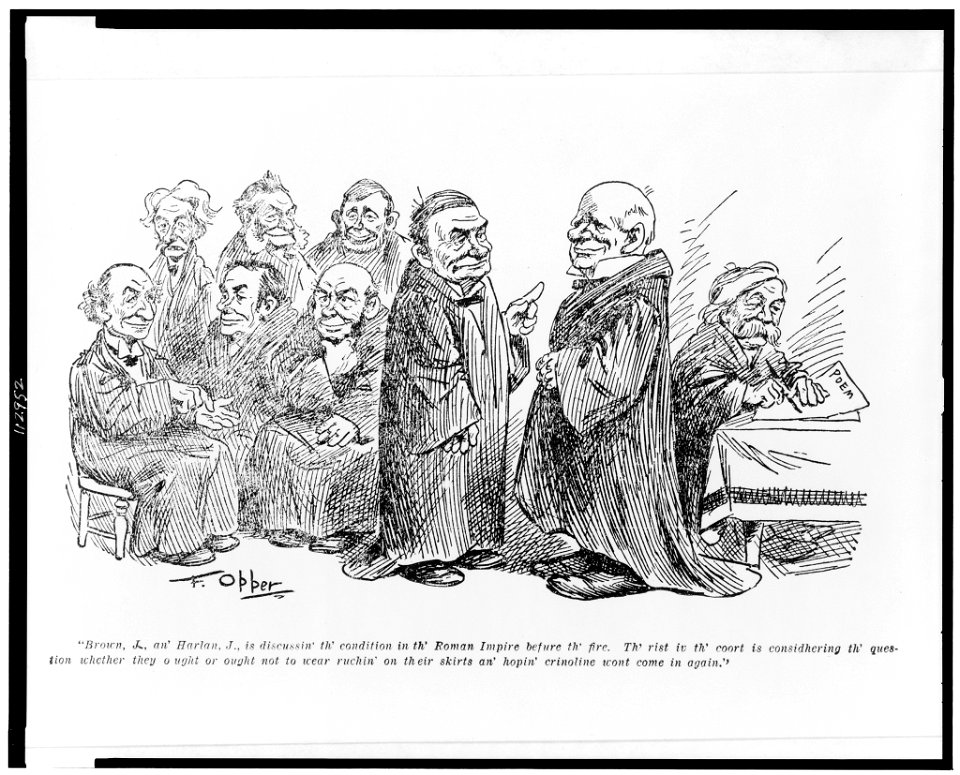 Brown, J., an' Harlan, J., is discussin' th' condition in th' Roman Impire befure th' fire ... - F. Opper. LCCN95507994