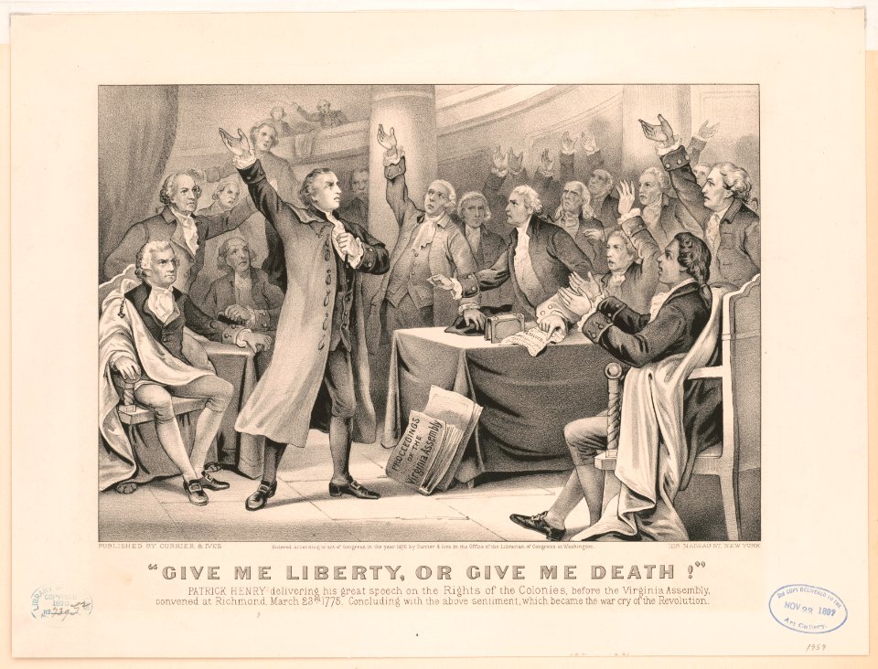 Give me liberty, or give me death! Patrick Henry delivering his great speech on the rights of the colonies, before the Virginia Assembly, convened at Richmond, March 23rd 1775, concluding LCCN2001700209