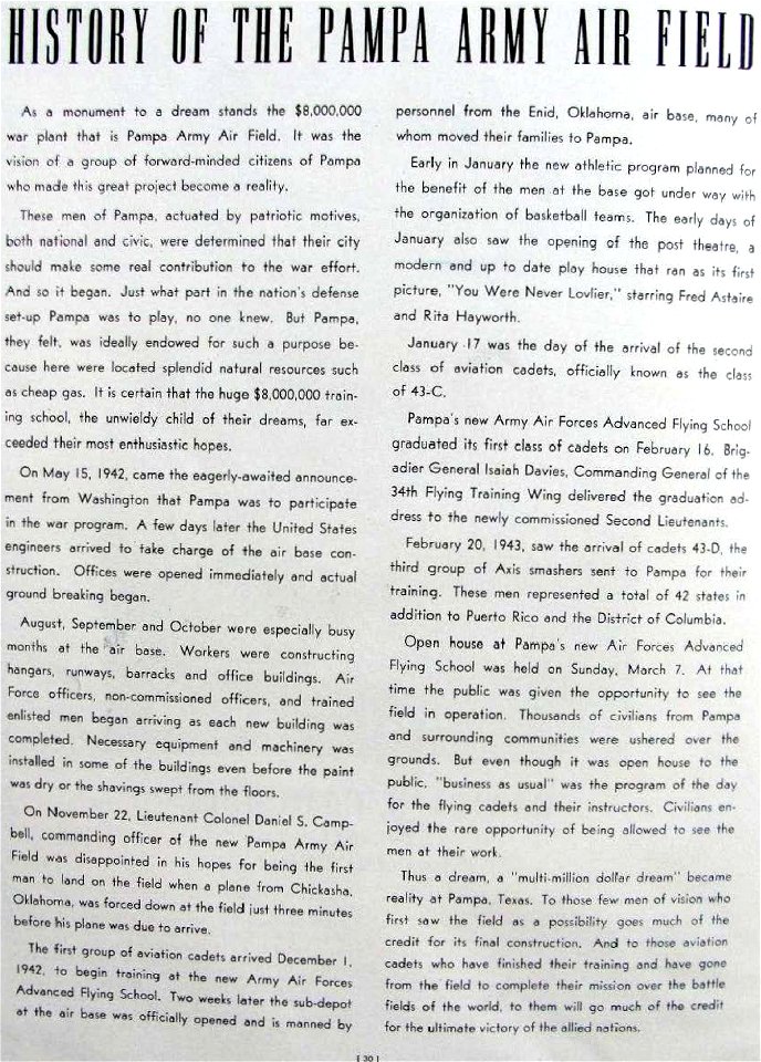 HISTORY OF THE PAMPA ARMY AIR FIELD from- Pampa Army Air Field Texas 1943 Classbook (page 6 crop)