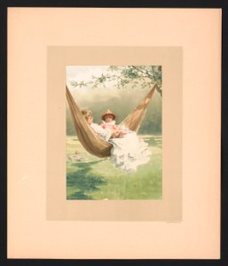 In August - illustration for Baby's Lullaby Book ... by Charles Stuart Pratt showing a young woman, sitting in a hammock, holding a young child on her lap, in Summer LCCN2017650217