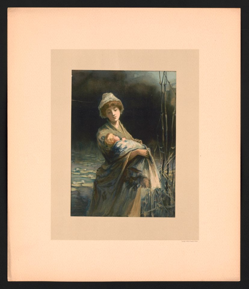 In July - illustration for Baby's Lullaby Book ... by Charles Stuart Pratt showing a young woman standing next to a lily pond, holding an infant in her arms LCCN2017650216
