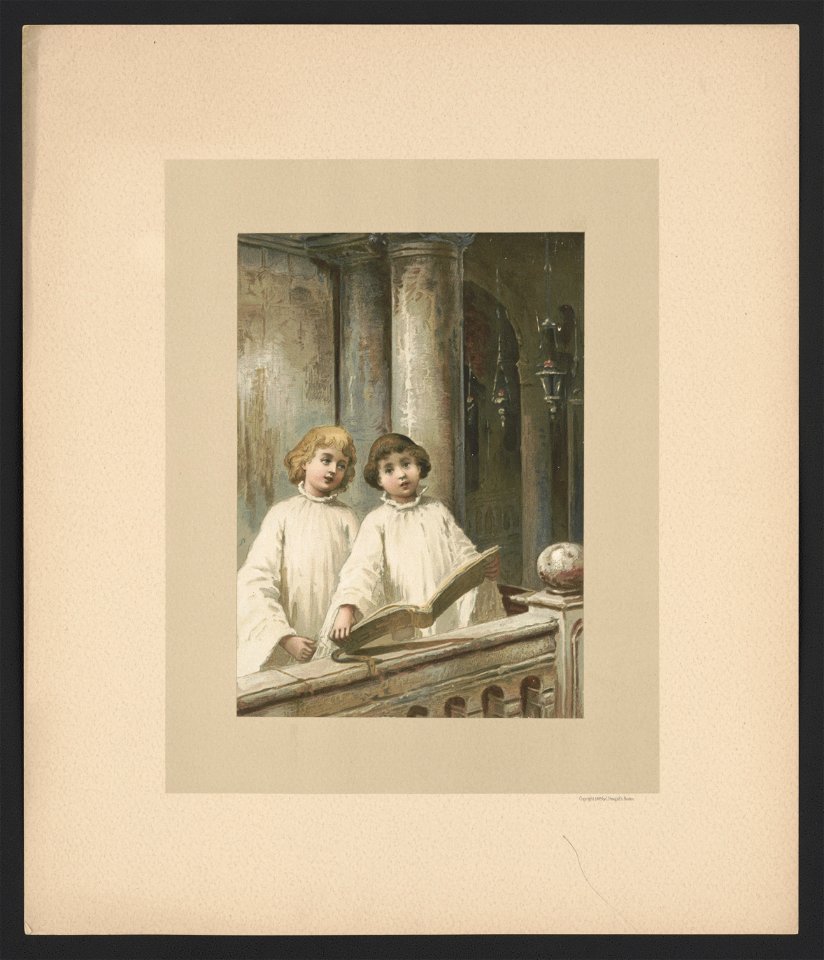 In December - illustration for Baby's Lullaby Book ... by Charles Stuart Pratt showing two young children singing in a church choir LCCN2017650221