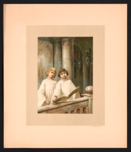 In December - illustration for Baby's Lullaby Book ... by Charles Stuart Pratt showing two young children singing in a church choir LCCN2017650221