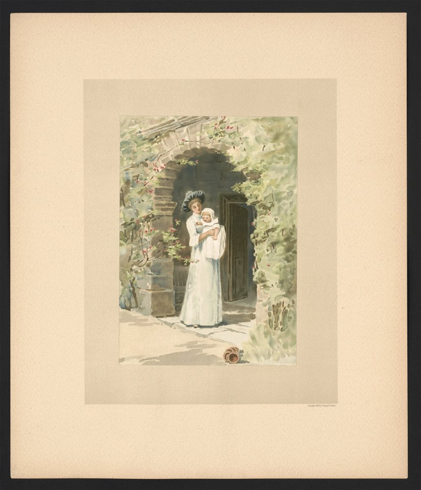 In June - illustration for Baby's Lullaby Book ... by Charles Stuart Pratt showing a mother holding an infant beneath an arch at the entrance to a building LCCN2017650215