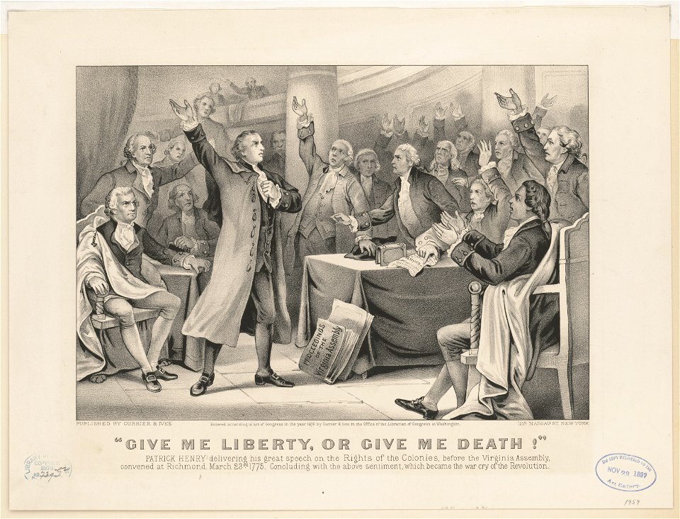 Give me liberty, or give me death! Patrick Henry delivering his great speech on the rights of the colonies, before the Virginia Assembly, convened at Richmond, March 23rd 1775, concluding LCCN2001700209