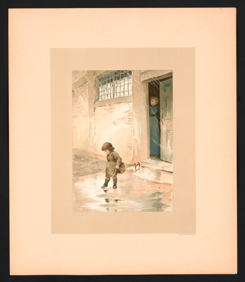 In April - illustration for Baby's Lullaby Book ... by Charles Stuart Pratt showing a young child stepping in puddles on a rainy day in Spring; a young woman is standing at the open LCCN2017650213