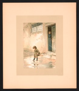 In April - illustration for Baby's Lullaby Book ... by Charles Stuart Pratt showing a young child stepping in puddles on a rainy day in Spring; a young woman is standing at the open LCCN2017650213. Free illustration for personal and commercial use.