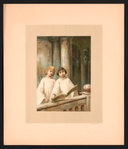 In December - illustration for Baby's Lullaby Book ... by Charles Stuart Pratt showing two young children singing in a church choir LCCN2017650221. Free illustration for personal and commercial use.