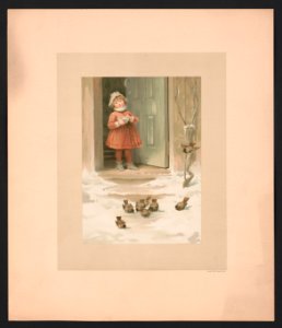 In February - illustration for Baby's Lullaby Book ... by Charles Stuart Pratt showing a young girl standing at an open door, holding a bowl from which she is feeding birds on the LCCN2017650211