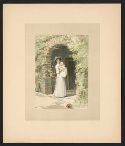 In June - illustration for Baby's Lullaby Book ... by Charles Stuart Pratt showing a mother holding an infant beneath an arch at the entrance to a building LCCN2017650215