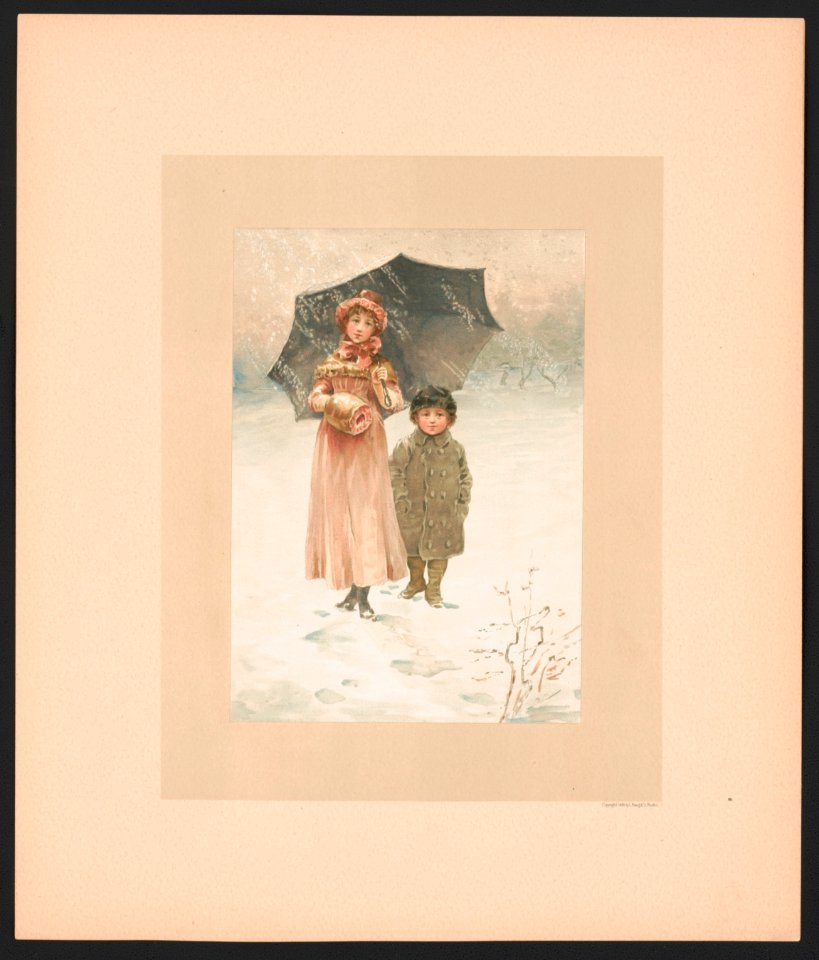 In January - illustration for Baby's Lullaby Book ... by Charles Stuart Pratt showing two young children standing in the snow; the young girl on the left is holding an umbrella LCCN2017650210