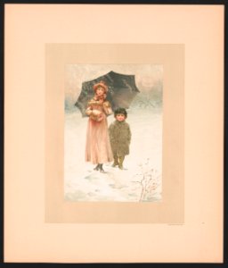 In January - illustration for Baby's Lullaby Book ... by Charles Stuart Pratt showing two young children standing in the snow; the young girl on the left is holding an umbrella LCCN2017650210. Free illustration for personal and commercial use.