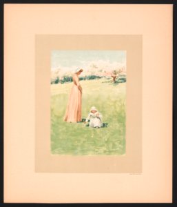 In May - illustration for Baby's Lullaby Book ... by Charles Stuart Pratt showing a young child picking flowers in a large field, her mother standing next to her, trees in bloom in the LCCN2017650214