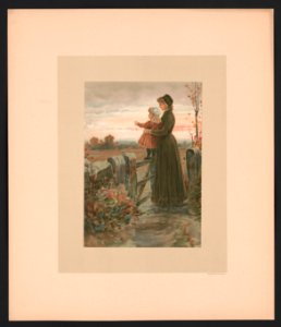 In September - illustration for Baby's Lullaby Book ... by Charles Stuart Pratt showing a young woman holding a young child standing on a gate, looking across a field LCCN2017650218. Free illustration for personal and commercial use.