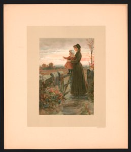 In September - illustration for Baby's Lullaby Book ... by Charles Stuart Pratt showing a young woman holding a young child standing on a gate, looking across a field LCCN2017650218