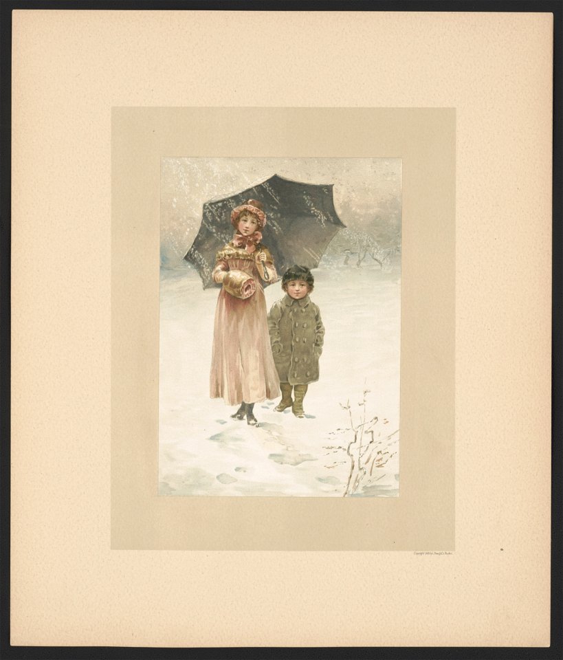 In January - illustration for Baby's Lullaby Book ... by Charles Stuart Pratt showing two young children standing in the snow; the young girl on the left is holding an umbrella LCCN2017650210