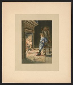In November - illustration for Baby's Lullaby Book ... by Charles Stuart Pratt showing a young boy leaning against a chair in front of a glowing fireplace LCCN2017650220