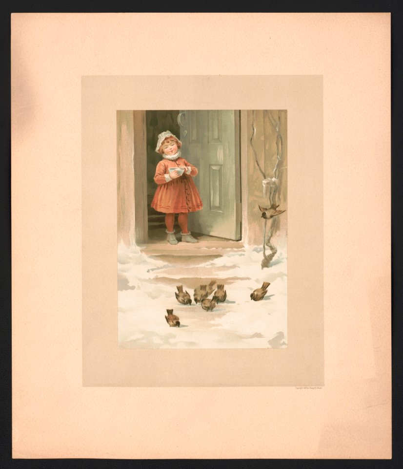 In February - illustration for Baby's Lullaby Book ... by Charles Stuart Pratt showing a young girl standing at an open door, holding a bowl from which she is feeding birds on the LCCN2017650211