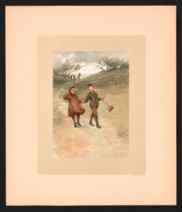 In March - illustration for Baby's Lullaby Book ... by Charles Stuart Pratt showing a young girl and a young boy walking home from school, hand-in-hand, on a windy day in Spring LCCN2017650212. Free illustration for personal and commercial use.