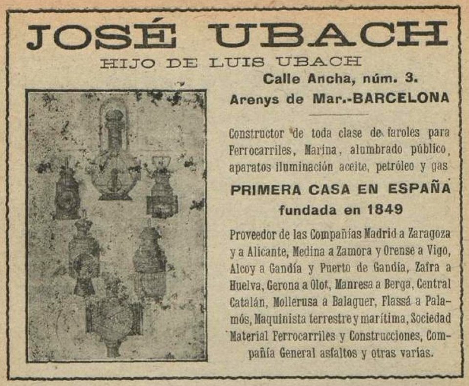 JOSE UBACH HIJO DE LUIS UBACH BARCELONA Constructor de toda clase de faroles ... lantern manufacturer ad in 1915, de- Anuario de ferrocarriles españoles. 1915 (page 208 crop)