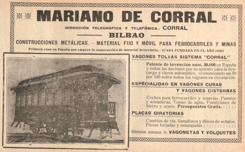 MARIANO DE CORRAL BILBAO train ad in 1915, de- Anuario de ferrocarriles españoles. 1915 (page 204 crop)