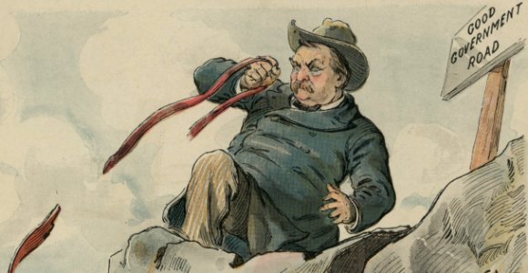 Leader detail, 53rd United States Congress portrayed as an ass falling off the good government road in PUCK on 26 December 1894, The ass and his leader - Keppler. LCCN2012648683 (cropped) (cropped)