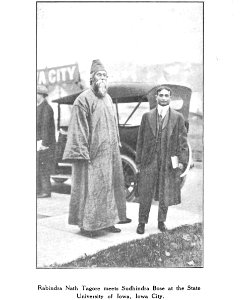 Rabindra Nath Tagore meets Sudhindra Bose at the State University of Iowa, Iowa City photo, from- Sudhindra Bose - Fifteen Years in America (page 320 crop)