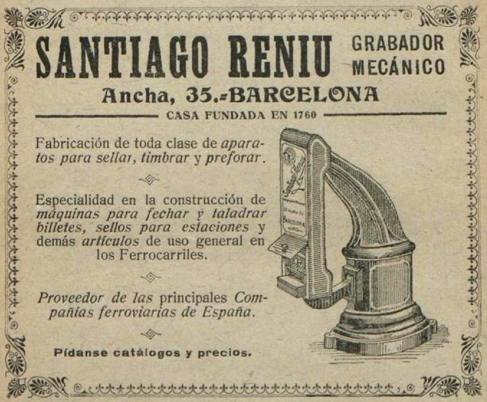 SANTIAGO RENIU GRABADOR MECANICO BARCELONA train ticket machine manufacturer ad in 1915, de- Anuario de ferrocarriles españoles. 1915 (page 208 crop)
