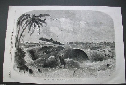 The Bore', or great tidal wave, at Calcutta, from the Illustrated London News, 1857. Free illustration for personal and commercial use.