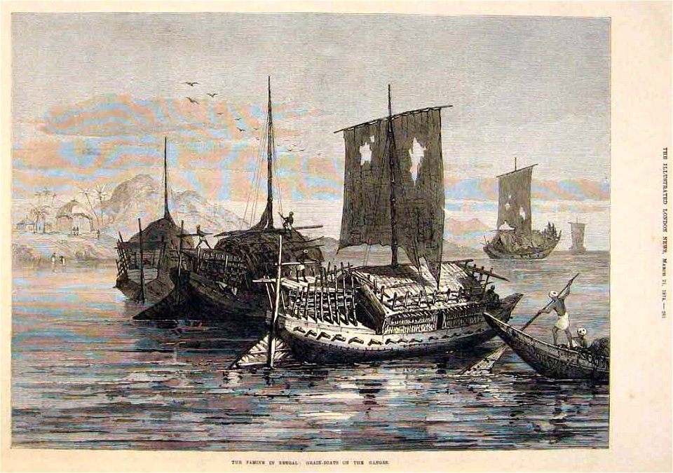 The Famine in Bengal- Grain-boats on the Ganges, from the Illustrated London News, 1874