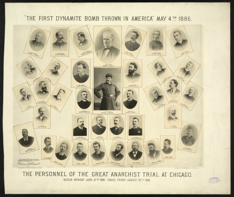 The first dynamite bomb thrown in America May 4th, 1886. The personnel of the great anarchist trial at Chicago. Begun Monday June 21st 1886. Ended Friday, August 20th 1886 LCCN2008680516