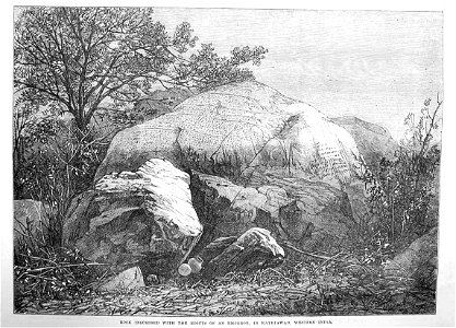 Rock inscribed with the edicts of an Emperor, in Kathiawar, Western India, from the Illustrated London News, 1872. Free illustration for personal and commercial use.