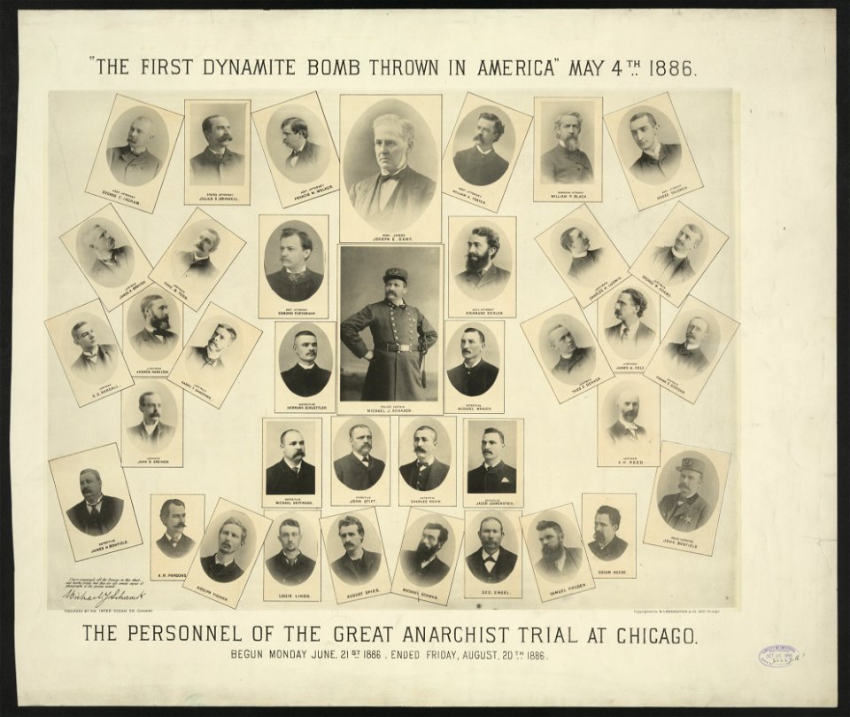 The first dynamite bomb thrown in America May 4th, 1886. The personnel of the great anarchist trial at Chicago. Begun Monday June 21st 1886. Ended Friday, August 20th 1886 LCCN2008680516