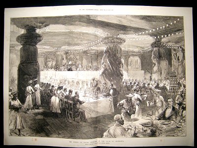 The Prince of Wales Lunching in the Caves of Elephanta, from a sketch by one of our special artists, from the Illustrated London News, 1875. Free illustration for personal and commercial use.