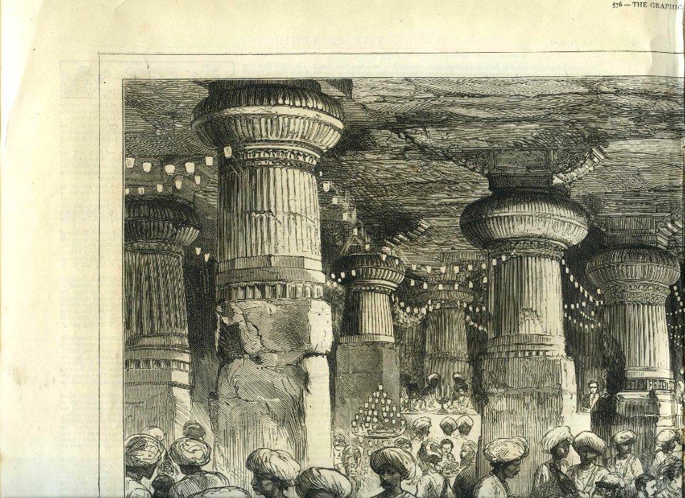 The Prince of Wales Dining in the Caves of Elephanta, Bombay, from a sketch by one of our special artists, from The Graphic, 1875; with very large scans of the *upper left
