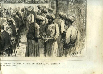 The Prince of Wales Dining in the Caves of Elephanta, Bombay, from a sketch by one of our special artists, from The Graphic, 1875 *lower left