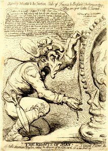 The rights of man; - or - Tommy Paine, the little American Taylor, taking the measure of the crown, for a new pair of revolution-breeches. (BM 1851,0901.530)