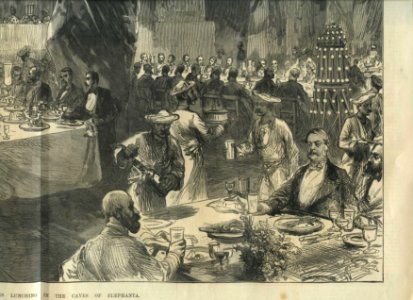 The Prince of Wales Lunching in the Caves of Elephanta, from a sketch by one of our special artists, from the Illustrated London News, 1875 lower right. Free illustration for personal and commercial use.