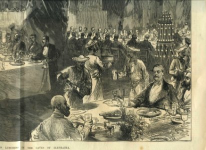 The Prince of Wales Lunching in the Caves of Elephanta, from a sketch by one of our special artists, from the Illustrated London News, 1875 lower right